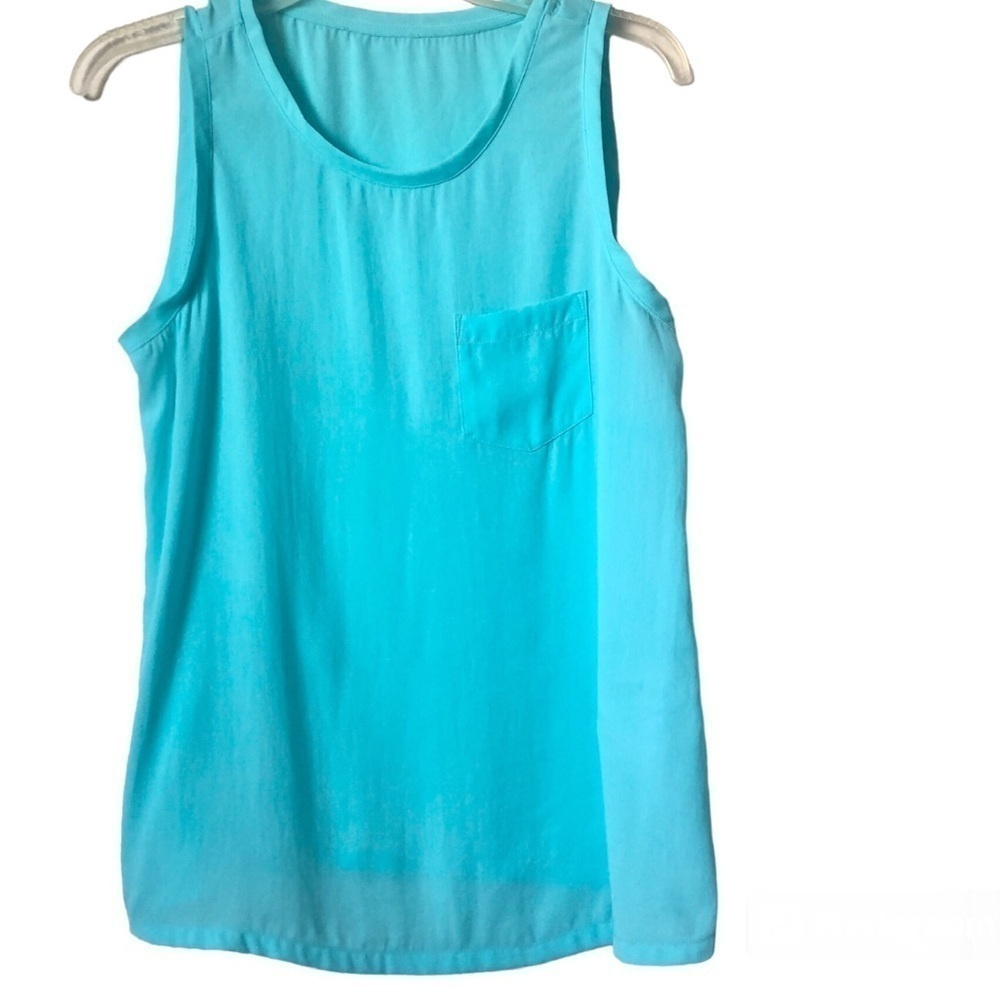 Sheer Turquoise Blue Sleeveless Blouse Crewneck Pocket Long Shirt Top Small S